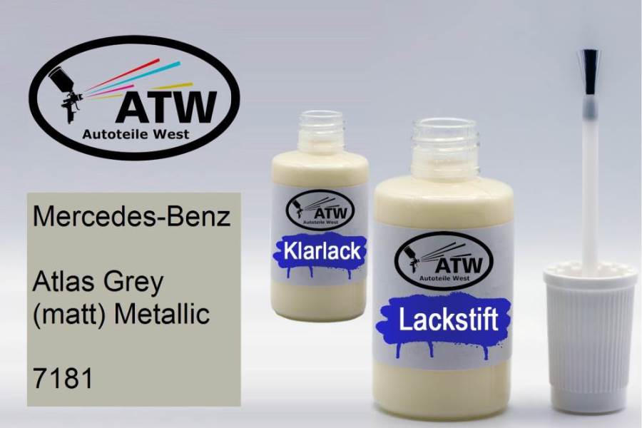 Mercedes-Benz, Atlas Grey (matt) Metallic, 7181: 20ml Lackstift + 20ml Klarlack - Set, von ATW Autoteile West.